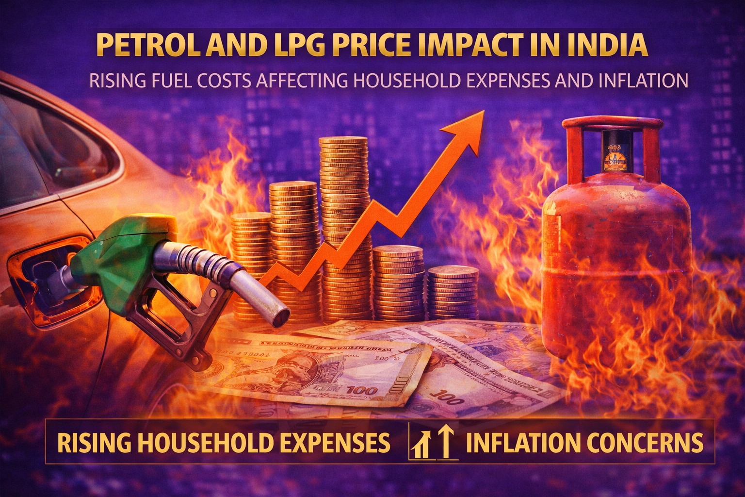 Petrol and LPG price impact in India showing rising fuel costs affecting household expenses and inflation